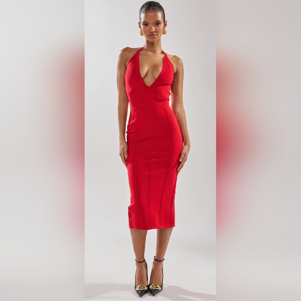 ​Red Hot Confidence: The Sculpting Halter Midi By AKIRA